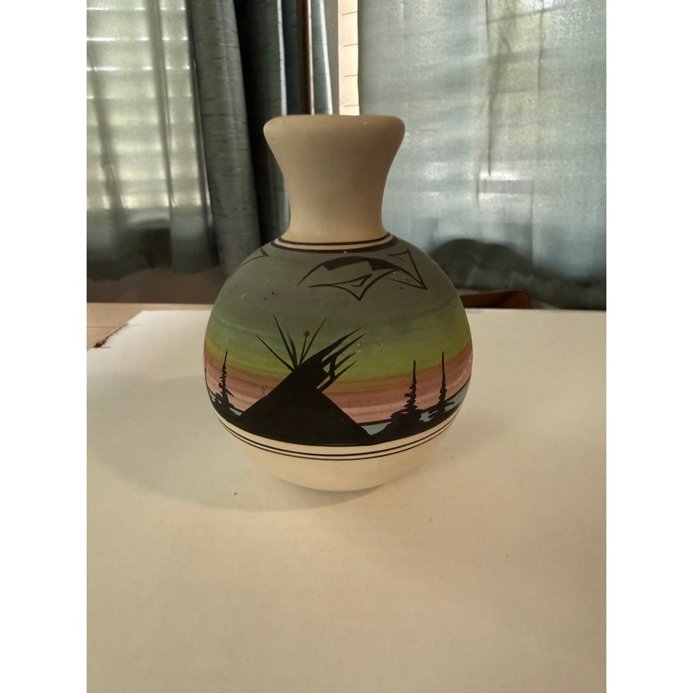 C Blackgoat Signed Southwestern Pottery Bud Vase Tipi Desert Sunset 5.5 Inch